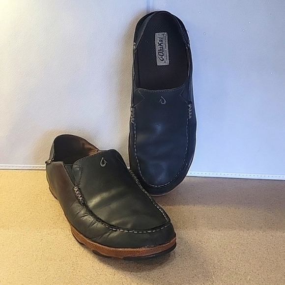 MEN'S OLUKAI‎ LEATHER BLACK LOAFERS SLIP ON SHOES (sz US 11.5. EURO 45) - Picture 1 of 6